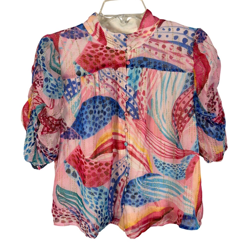 Ciebon Floral Printed Blouse Womens Large Multi New Metallic Puff Sleeve